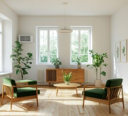 Bright, airy living room with mid-century modern furniture, potted plants, and large windows overlooking a sunny garden.