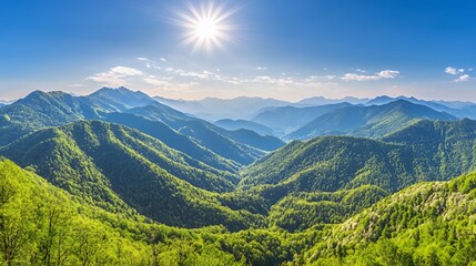 Fototapeta premium Bright Sunny Day Over Lush Green Mountain Range