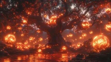 Glowing orbs adorn ancient tree, mystical forest