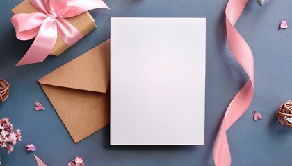 5x7 blank card and envelope mockup top view with pink ribbon