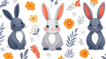 Cute Rabbits & Flowers Pattern
