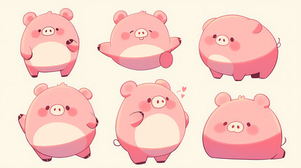 Cute cartoon pigs displaying various playful poses and expressions on a light background, ideal for children's content