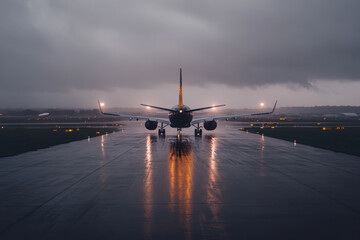 Fototapeta na wymiar A plane is sitting on the wet runway, with the lights on