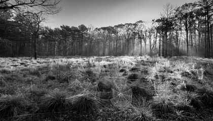 a black and white photo of a forest clearing dotted with white spiderwebs in late winter chapel hill north carolina
