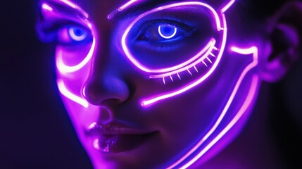 Obraz premium Trendy neon makeup enhances the vibrant look of a neon-clad woman.