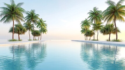 Tropical beach sunrise, calm pool, palm trees, tranquil vacation