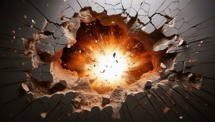 A wall background featuring an exploding hole breaking through the surface, creating a dramatic and dynamic design.