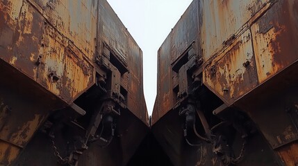 Close-Up View of Mechanical Couplers Connecting Two Massive Freight Train Cars in Raw Style, Highlighting Rust and Industrial Details with a 2 Gigapixel Perspective