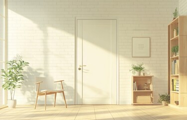 Bright, minimalist entryway with natural light, wooden furniture, and potted plants.