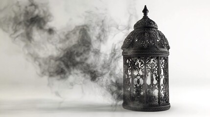 Ornate lantern, smoky incense, white background, mystical atmosphere, Ramadan decor