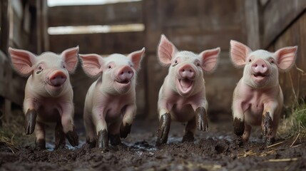 A group of piglets playing in the mud near a wooden barn