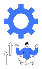 Woman meditating in lotus pose beneath a blue gear with upward arrows. Ideal for personal development, mindfulness, self-improvement, productivity, mental clarity, progress, wellness. Flat simple