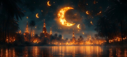 Mystical Night with Crescent Moon and Glowing Buildings

