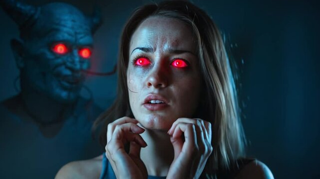 A woman in shadows, face partly lit, hears a demonic figure with glowing red eyes whispering temptation. Her expression shows fear, battling the dark voice in a misty backdrop.