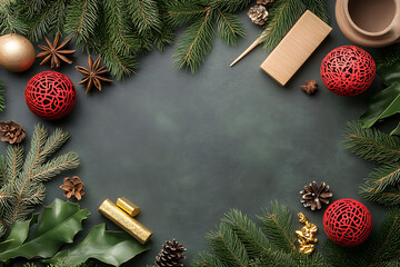 Festive holiday decor winter wonderland flat lay greenery background aesthetic arrangement christmas theme