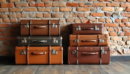 Vintage luggage stacked against rustic brick wall interior decor home environment artistic viewpoint nostalgic concept