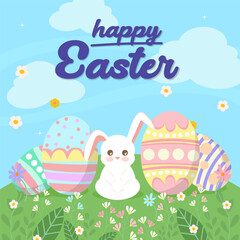 Happy Easter with cute bunny and colorful eggs in cheerful design, vector illustration