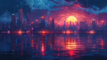 Naklejka premium Cyberpunk City Skyline Pixel Art with Glowing Neon Lights at Night – Futuristic Digital Background