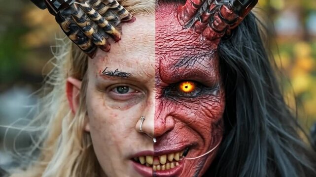 A person transforms into a demon, featuring a half-human face, sharp horns, dark veins, glowing eyes.