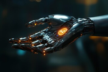 Naklejka na ściany i meble A robot hand displays a luminous ring, showcasing advanced technology and design.