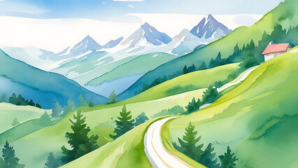 Watercolor Painting of Road Leading to Mountain Scenery with House