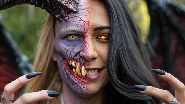 A person transforms into a demon, featuring a half-human face, sharp horns, dark veins, glowing eyes.