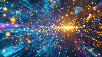 Naklejka premium High speed digital particle burst with vibrant colors and glowing lights