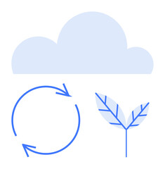 Cloud above blue recycling arrows and plant leaf symbolizing nature, renewable energy, eco-consciousness. Ideal for environment, climate change, sustainability, conservation, renewable resources