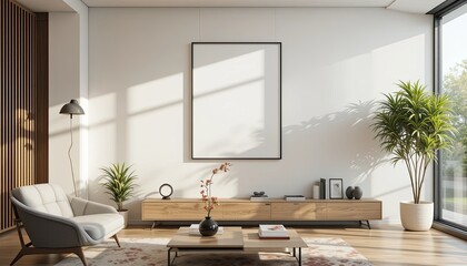 Fototapeta premium Modern living room design contemporary home interior bright atmosphere wide angle minimalism
