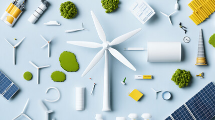 Renewable energy concept eco-friendly innovations graphic design minimalist arrangement overhead view sustainable solutions