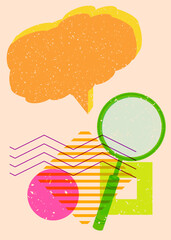 Risograph Magnifying Glass with speech bubble with geometric shapes. Objects in trendy riso graph print texture style design with geometry elements.