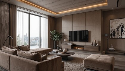 Fototapeta premium Modern living room design urban apartment interior photography contemporary spacious aesthetic