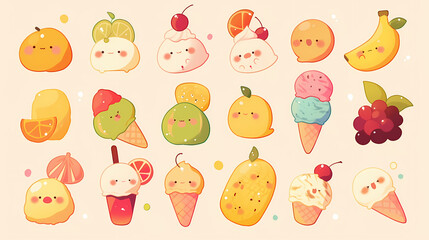Colorful cartoon ice cream and fruit characters in a playful arrangement against a soft background