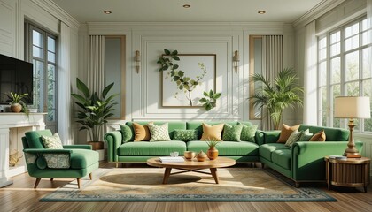 Fototapeta premium Elegant green living room cozy contemporary aesthetics