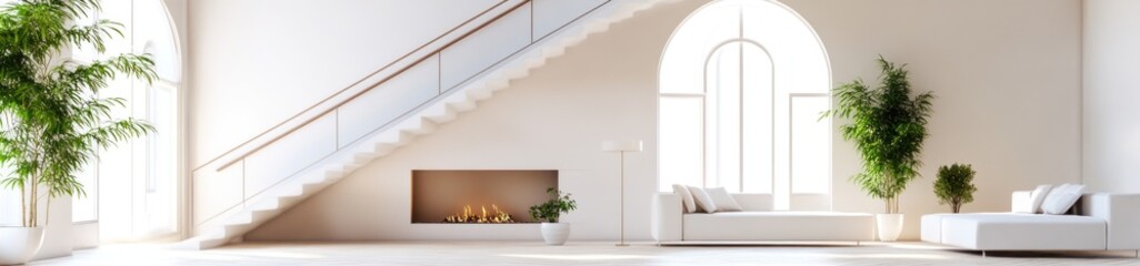 Fototapeta premium Bright, modern interior design with stairs, fireplace, and large windows.