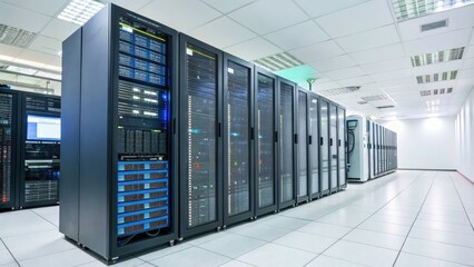 Bokeh Datacenter: Server Room, Mainframes, Internet Provider Network, Technology Concept,  Modern Servers, Control Center