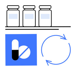 Three medication bottles, pill and capsule icons, and circular arrows symbolizing processes thumbs up production, distribution, and recycling. Ideal for health, pharmacy, medical care, drug
