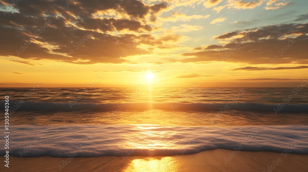 Poster ahmadwahyuutomo776@gmail.com Golden sunrise reflecting on a calm ocean with soft waves, creating a serene and tranquil atmosphere.