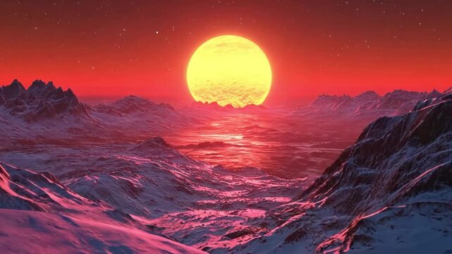 Alien landscape, vibrant sunset, snow-capped mountains, fantasy planet, background image, possible use for science fiction posters