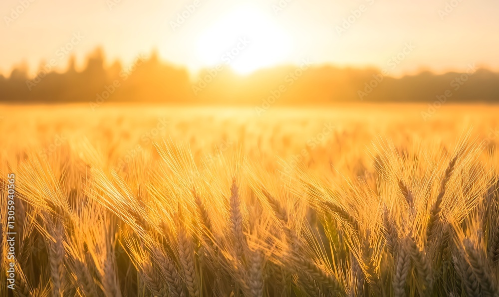 Poster ahmadwahyuutomo776@gmail.com A serene sunrise view of a golden wheat field with gentle wind movement.