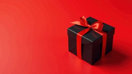 Obraz premium A single black gift box with a vibrant red ribbon, elegantly presented against a rich red backdrop, conveying a sense of mystery and anticipation