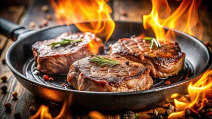 Close up of sizzling steaks cooking in a hot pan on the stove, steaks, beef, cooking