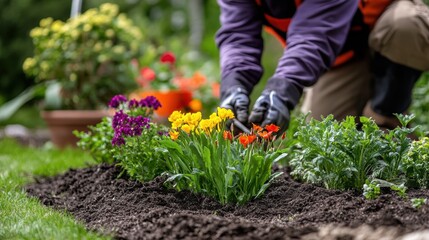 Fototapeta premium Closeup view of hands of gardener working in field planting flowers.