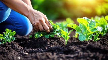 Closeup view of hands of gardener working in field planting flowers.
