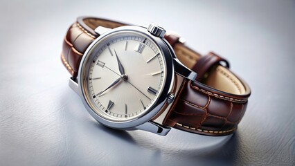 Classic Wristwatch, Black Leather Strap, White Dial, High Depth of Field Stock Photo