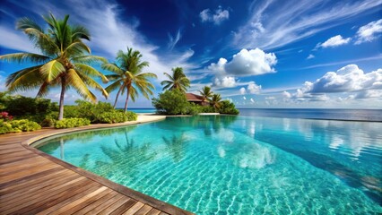 Obraz premium Tropical Maldives island with luxurious pool overlooking crystal clear waters , Maldives, tropical, island, pool