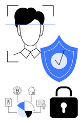 Human face with scanning frame, shield with check, lock, and blockchain flow. Ideal for cybersecurity, digital identity, data authentication, blockchain privacy software safety. Flat simple