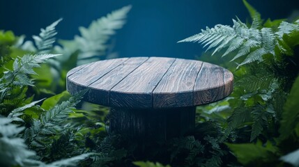 Naklejka premium Rustic Wooden Pedestal in Lush Forest Nature Display Product Mockup