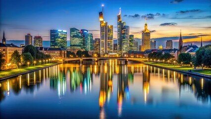 Obraz premium Skyline of Frankfurt at night with illuminated buildings reflecting on the river , Frankfurt, Germany
