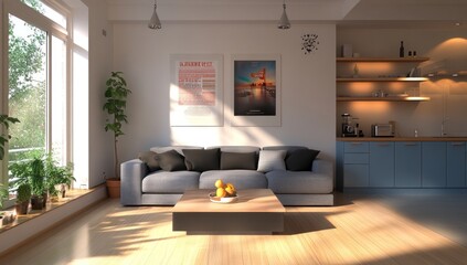 Fototapeta premium Bright, modern living room with large windows, a light gray sofa, a coffee table, and a blue kitchen. Sunlight streams into the space.